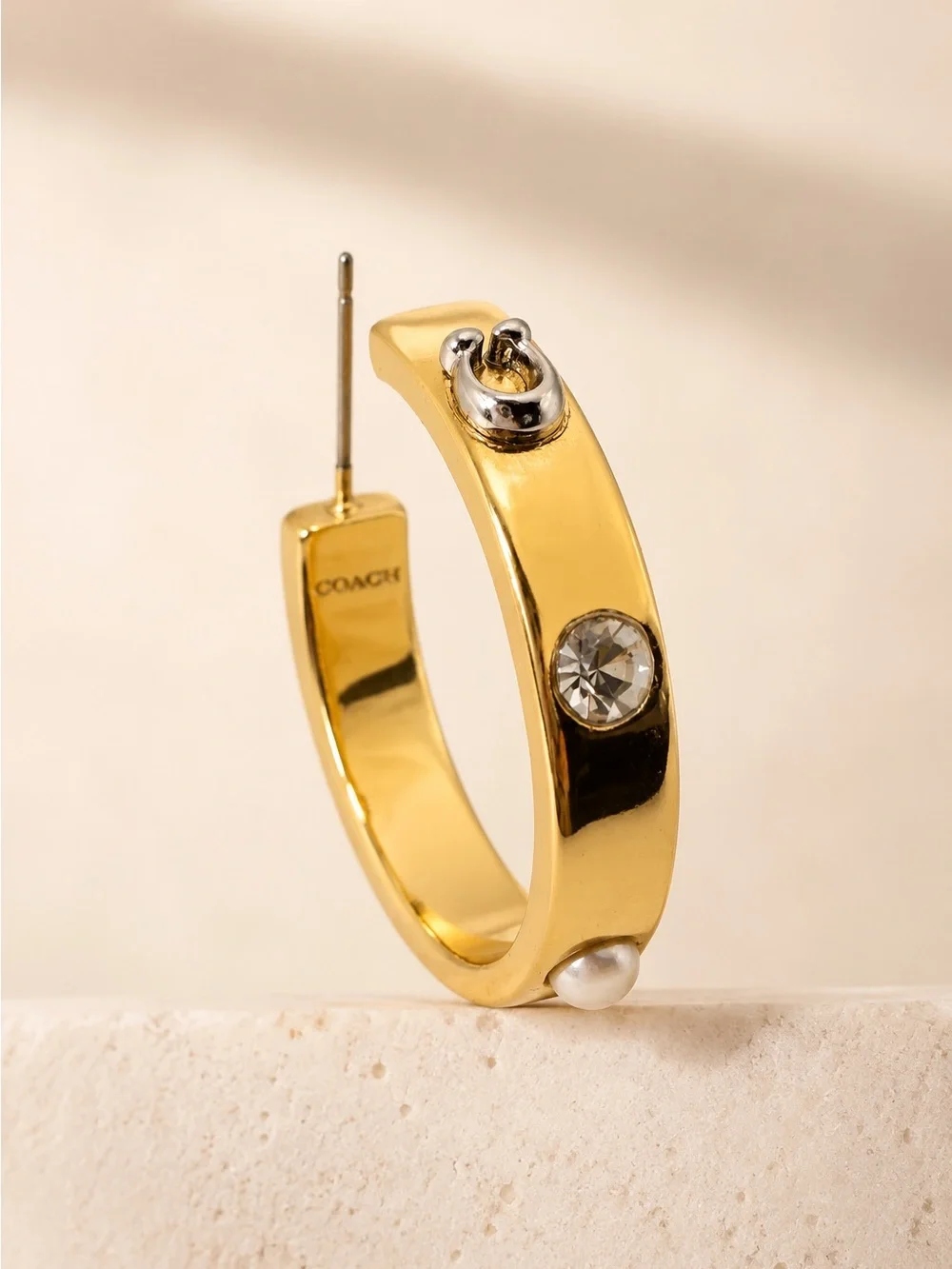 Coach Gold Pegged Signature & Stone Hoop Earrings - Picture 3 of 4